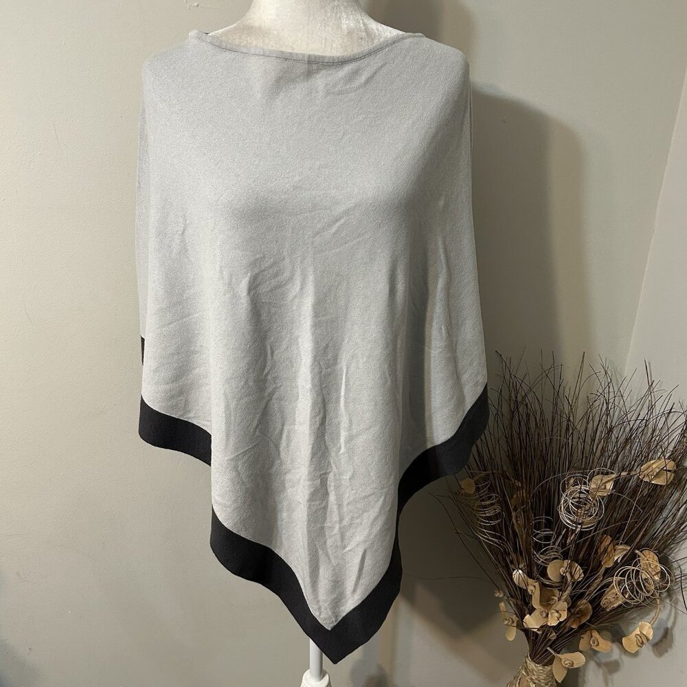 J.Jill Women Gray Black Color Block Cotton Linen Blend Sweater Poncho Boat Neck